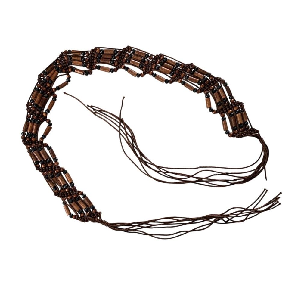 Vintage Wooden Barrel-Bead Woven Belt Dark Spacers Dangling Fringe Tassels